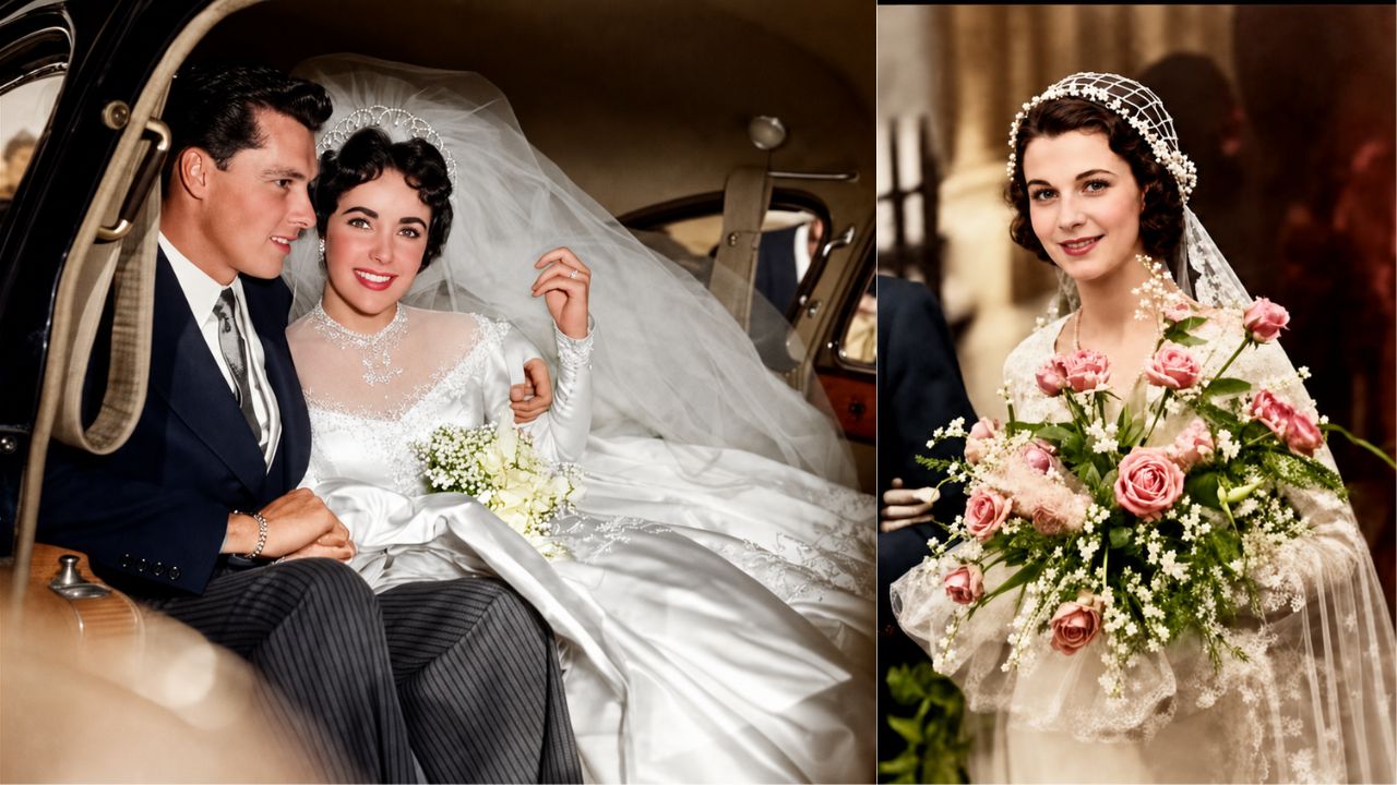 Elizabeth Taylor junto a Conrad “Nicky” Hilton Jr. el día de su boda, acompañada por una imagen de Vivien Leigh vestida de novia