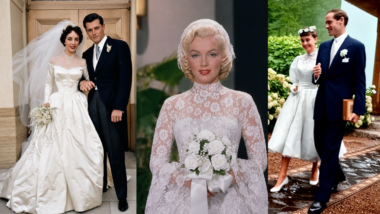 Elizabeth Taylor junto a Conrad “Nicky” Hilton Jr. el día de su boda, acompañada por una imagen de Vivien Leigh vestida de novia