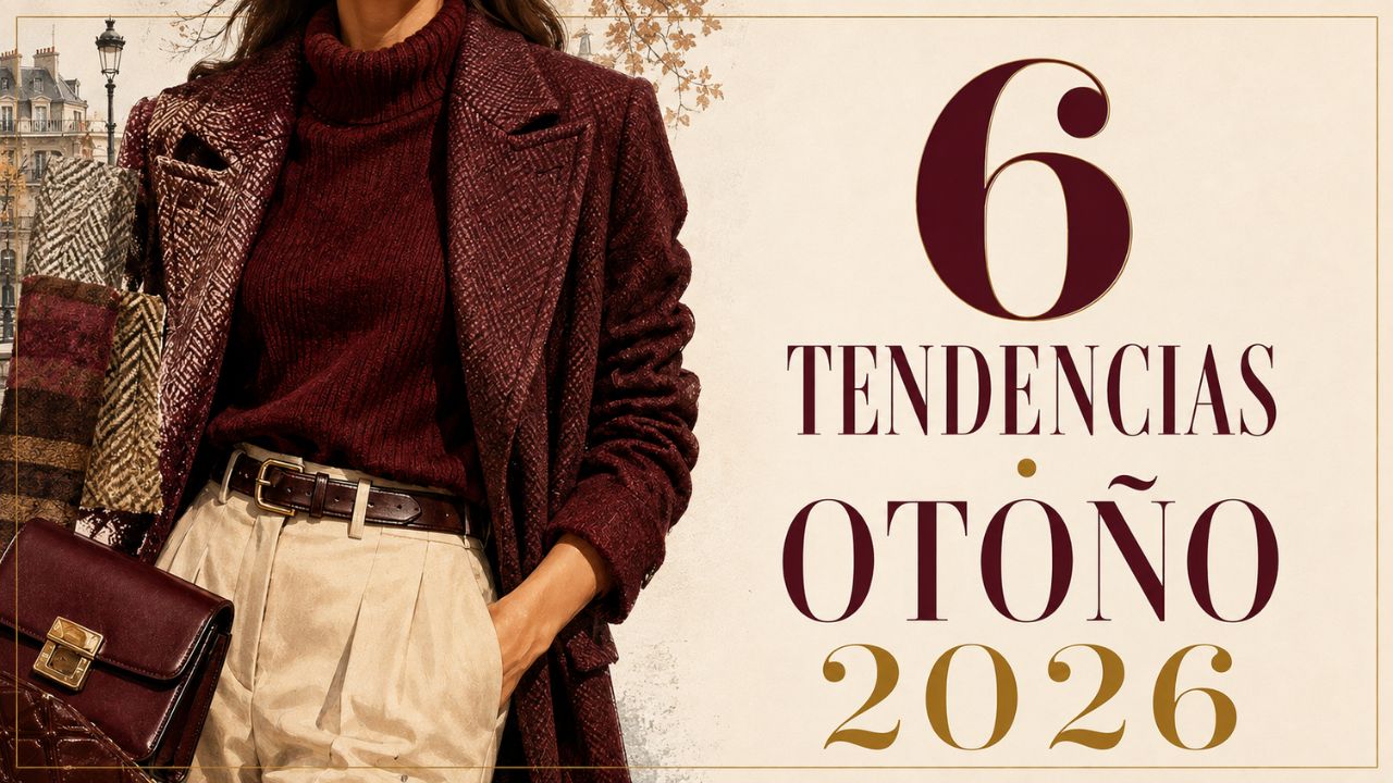Mujer con estilismo borgoña de otoño en una composición editorial sobre tendencias de moda 2026.